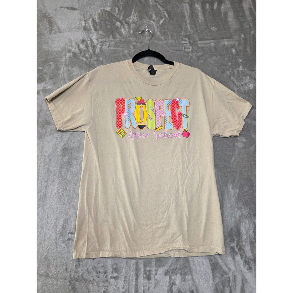 Gildan Prospect Upper School Graphic T-Shirt Tan Beige Womens Medium Cotton Tee - Picture 1 of 8